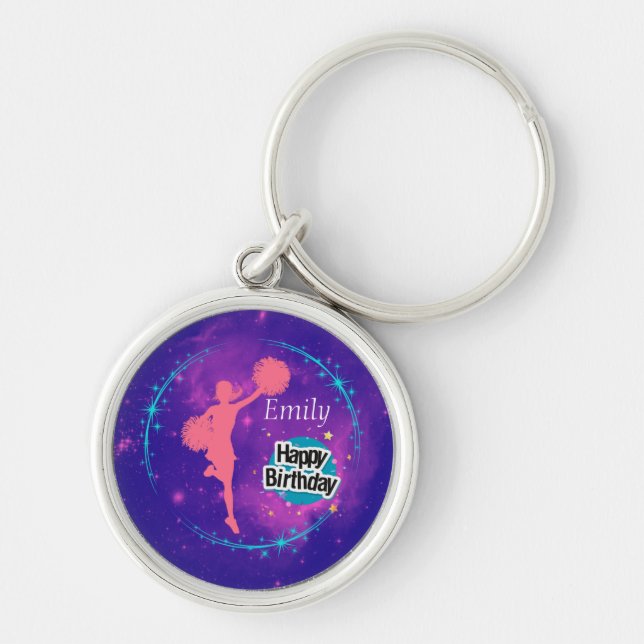 Cheerleading Happy Birthday Galaxy Personalized   Keychain (Front)