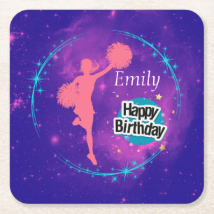 Cheerleading Happy Birthday Galaxy Personalized   Square Paper Coaster