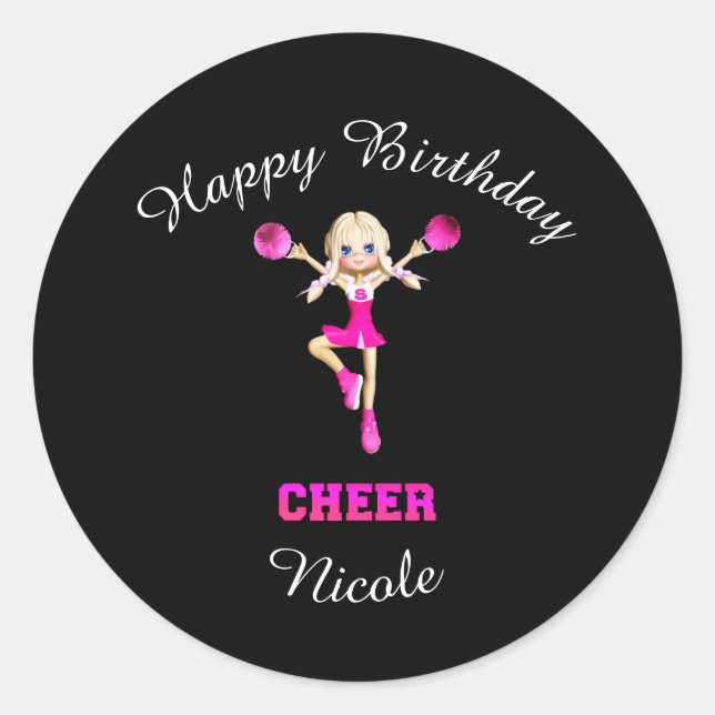 Cheerleading "Happy Birthday" Personalized   Classic Round Sticker (Front)