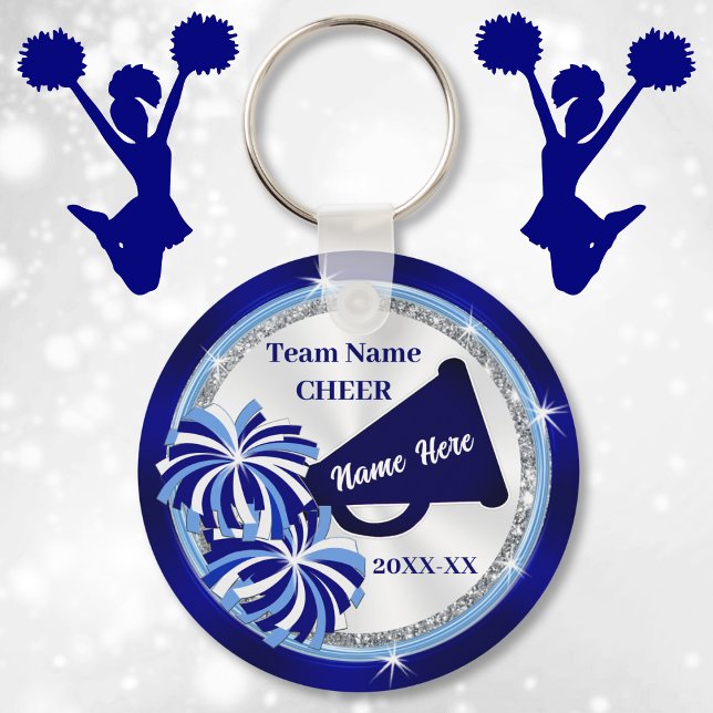 Cheerleading Party Favors, Megaphone and Pom Poms Keychain (Cheap cheerleading gifts. Cheer squad party ideas. Blue and White, Cheerleading party favors. )