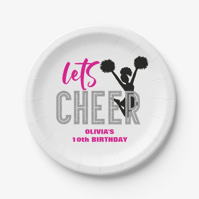 Cheerleading Pink Silver Black Cheer Birthday Paper Plates (Front)