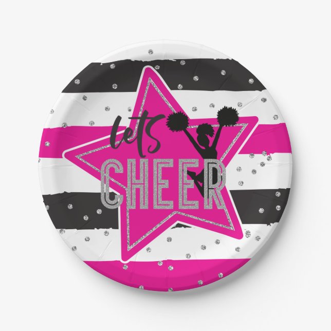 Cheerleading Pink Silver Black Cheer Birthday Paper Plates (Front)