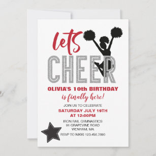 Cheerleading Red, Silver and Black Cheer Birthday Invitation