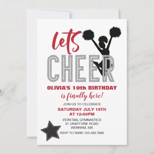 Cheerleading Red Silver and Black Cheer Birthday Invitation