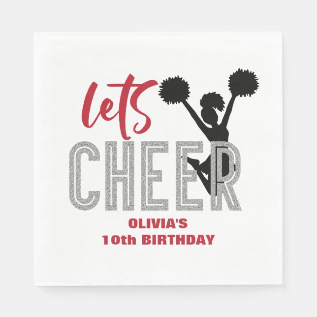 Cheerleading Red Silver Black Cheer Birthday Napkins (Front)