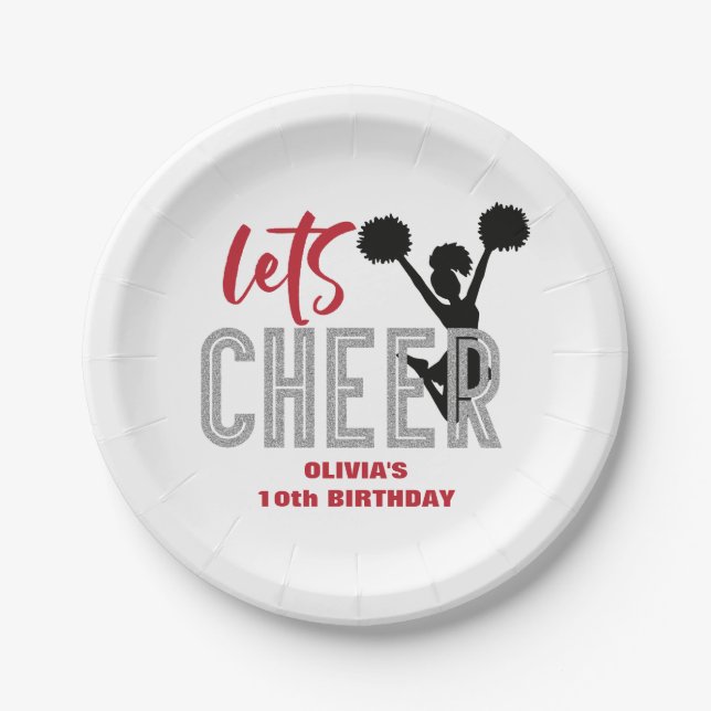 Cheerleading Red Silver Black Cheer Birthday Paper Plates (Front)