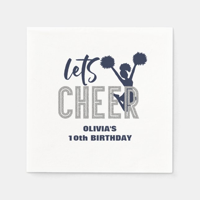 Cheerleading Silver and Navy Cheer Birthday Napkins (Front)