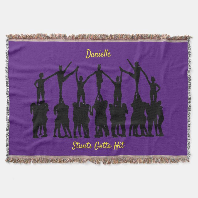 Cheerleading "Stunts Gotta Hit" Purple / Gold Throw Blanket (Front)