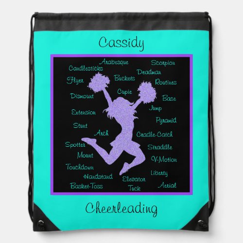 Cheerleading Terms Typography Purple Turquoise Drawstring Bag