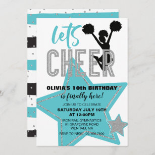 Cheerleading turquoise Silver Black Cheer Birthday Invitation