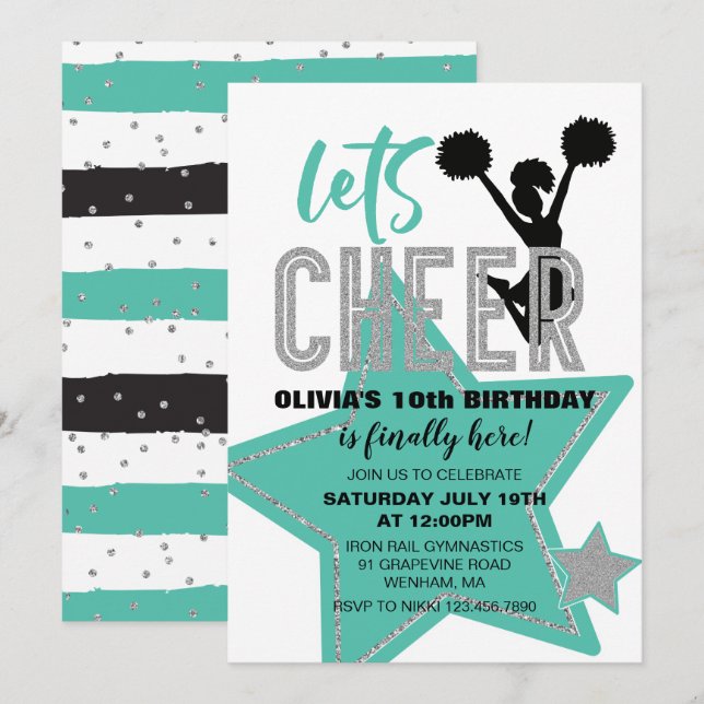 Cheerleading turquoise Silver Black Cheer Birthday Invitation (Front/Back)