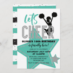 Cheerleading turquoise Silver Black Cheer Birthday Invitation