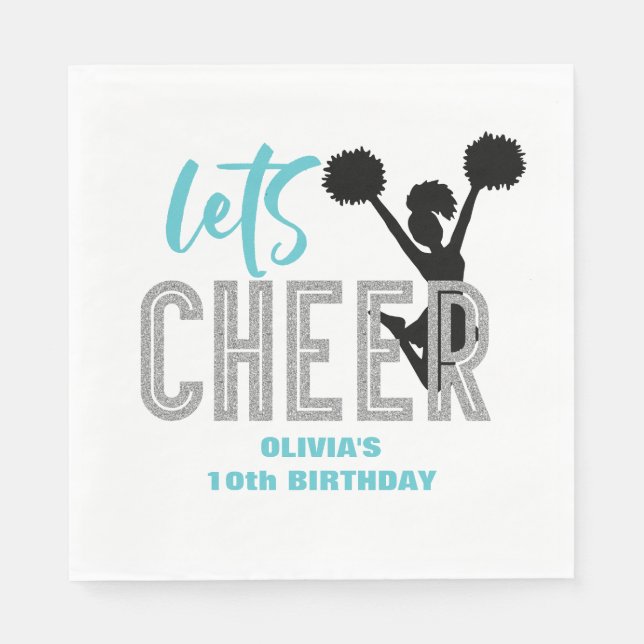 Cheerleading turquoise Silver Black Cheer Birthday Napkins (Front)