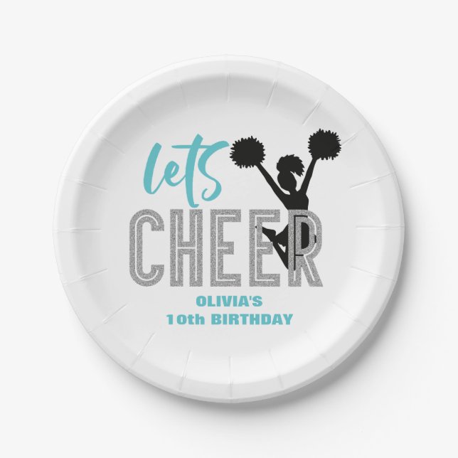 Cheerleading turquoise Silver Black Cheer Birthday Paper Plates (Front)