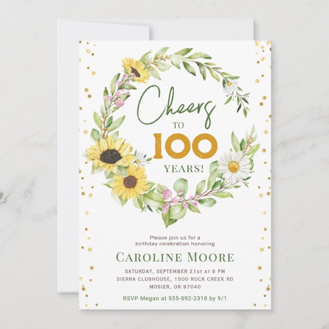 Cheers 100 Years Sunflower Ladies 100th Birthday Invitation (Front)