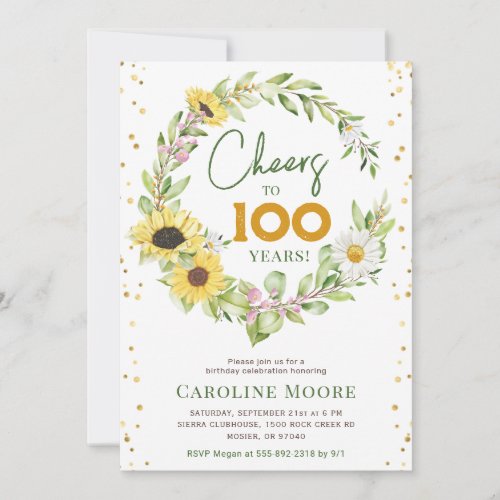 Cheers 100 Years Sunflower Ladies 100th Birthday Invitation