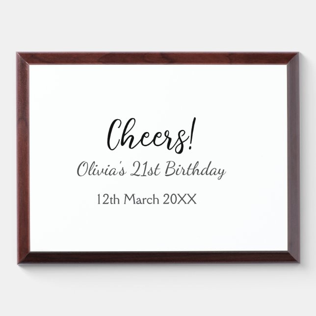 Cheers 21st birthday add name date simple minimal  award plaque (Horizontal)