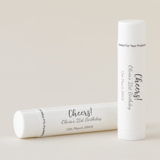 Cheers 21st birthday add name date simple minimal  lip balm (Front)