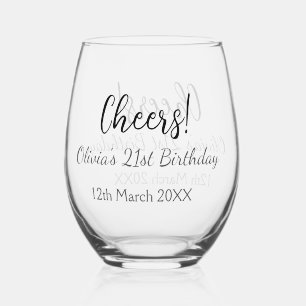Cheers 21st birthday add name date simple minimal stemless wine glass