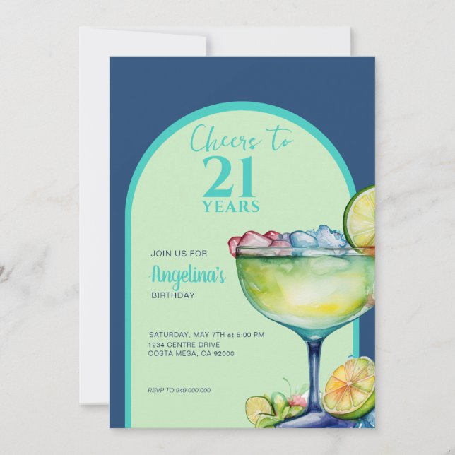 Cheers 21st Birthday Margarita  Invitation (Front)
