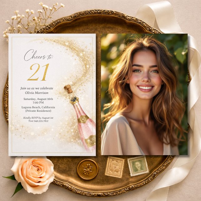 Cheers 21st Birthday Photo Pink Gold Champagne Invitation (Creator Uploaded)