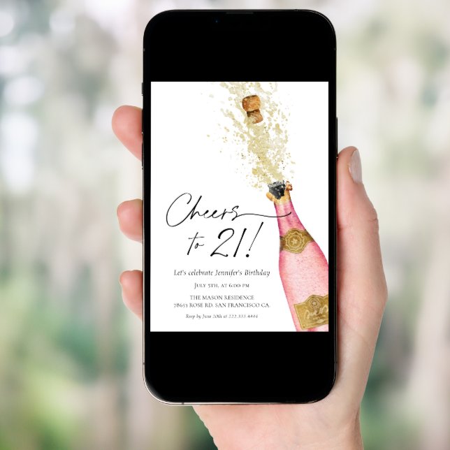 Cheers 21st Birthday Pink and Gold Photo Invitatio Invitation (Front Digital)
