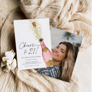 Cheers 21st Birthday Pink and Gold Photo Invitatio Invitation