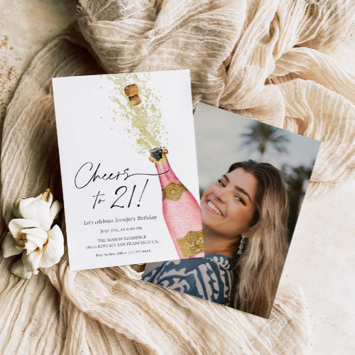 Cheers 21st Birthday Pink and Gold Photo Invitatio