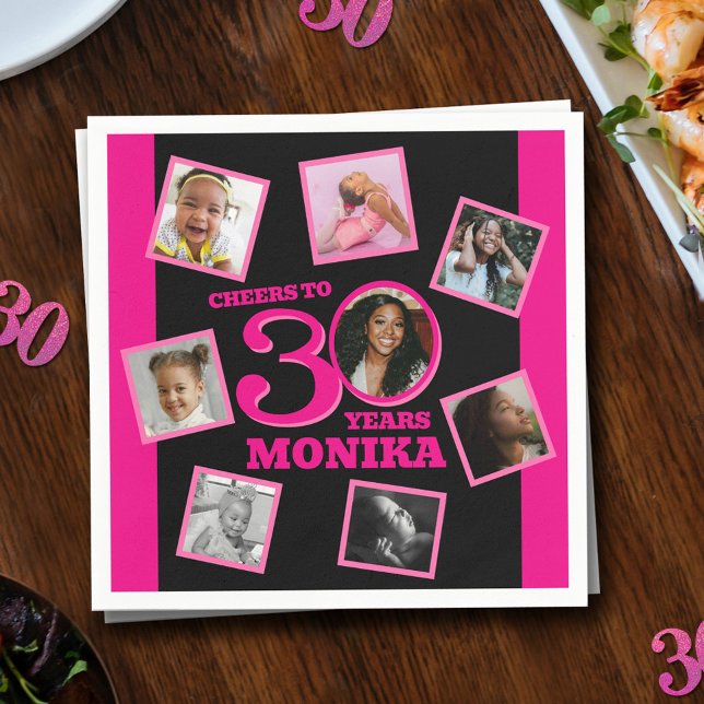 Cheers 30th Birthday 8 photo name pink black Napkins (Creator Uploaded)