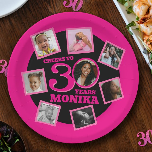 Cheers 30th Birthday 8 photo name pink black Paper Plates (Creator Uploaded)