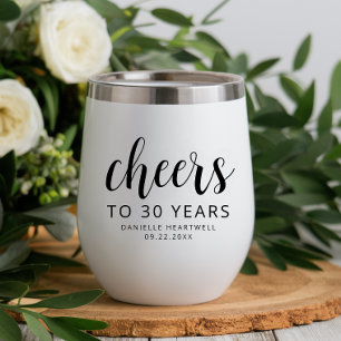 Cheers 30th Birthday Party Black Script Thermal Wine Tumbler