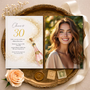 Cheers 30th Birthday Photo Pink Gold Champagne Invitation