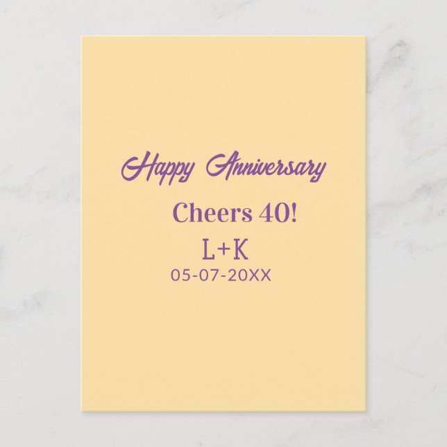 Cheers 40 happy anniversary purple orange pastel n postcard (Front)