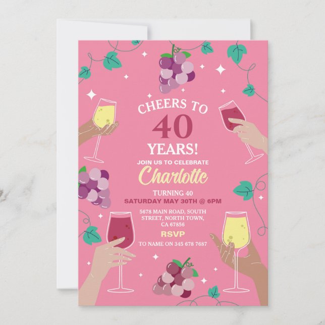 Cheers 40th Birthday Wine Tasting Party Pink Invitation (Front)