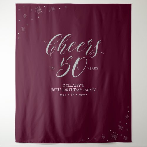 Cheers 50 years Silver  Burgundy Birthday Party Tapestry