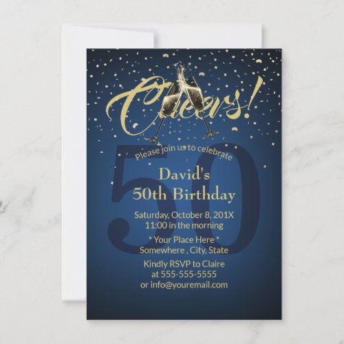 Cheers 50th Birthday Party Navy Blue Gold Glitter Invitation