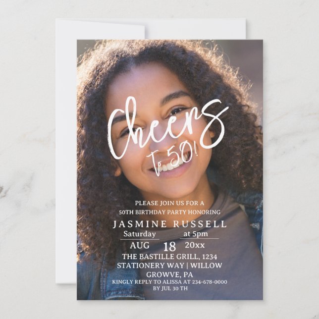 Cheers 50th Modern Photo Birthday For Her  Invitation (Front)