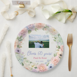 cheers 60 years purple pink pastel floral photo na paper plates