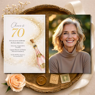 Cheers 70th Birthday Photo Pink Gold Champagne Invitation