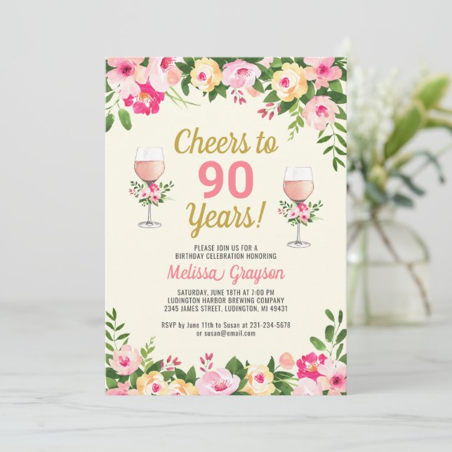 Cheers 90th Birthday Invitation Feminine Floral (Standing Front)