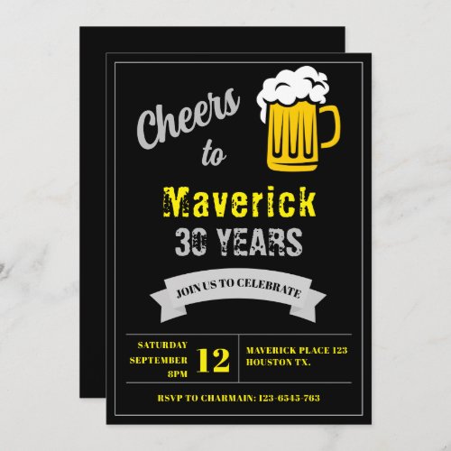 Cheers and Beer 30 Year Birthday Black Dark Grey Invitation