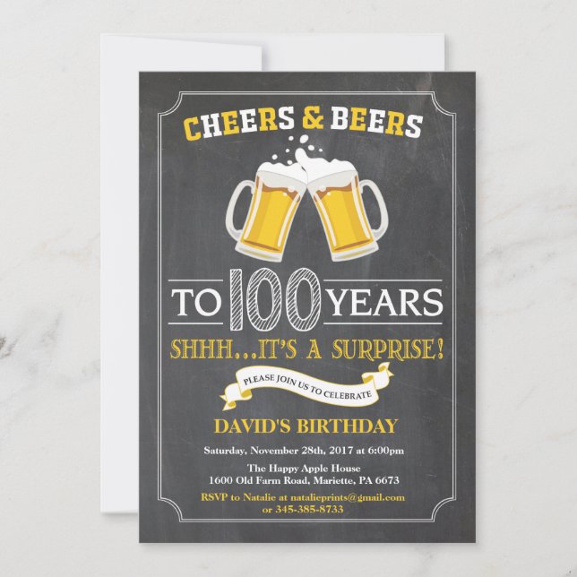 Cheers and Beers 100th Birthday Invitation Card (Front)