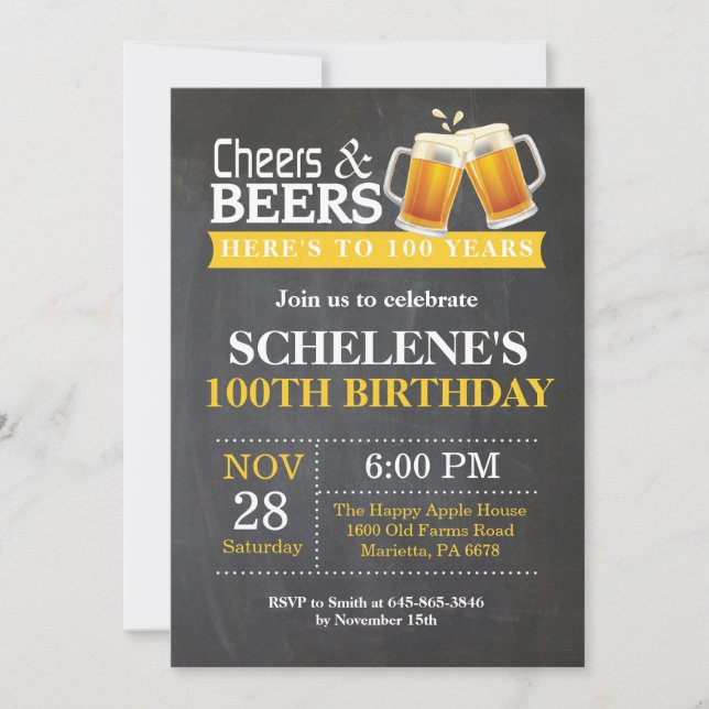 Cheers and Beers 100th Birthday Invitation Card (Front)