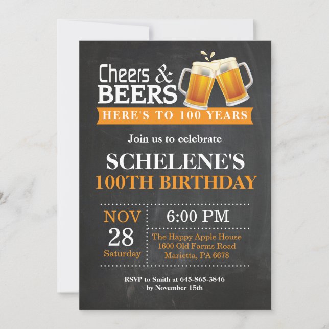 Cheers and Beers 100th Birthday Invitation Card (Front)