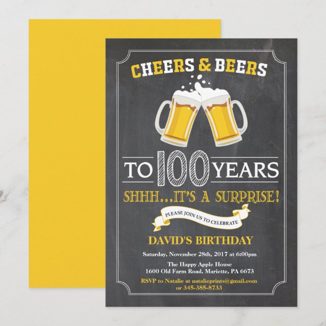 Cheers and Beers 100th Birthday Invitation Card (Front/Back)