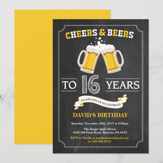 Cheers and Beers 16th Birthday Invitation Card (Front/Back)
