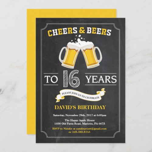Cheers and Beers 16th Birthday Invitation Card