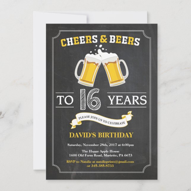 Cheers and Beers 16th Birthday Invitation Card (Front)