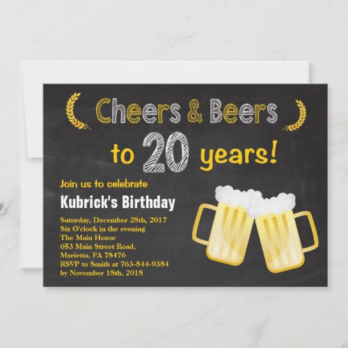 Cheers and Beers 20th Birthday Invitation