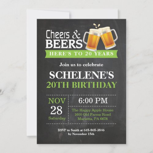 Cheers and Beers 20th Birthday Invitation Card